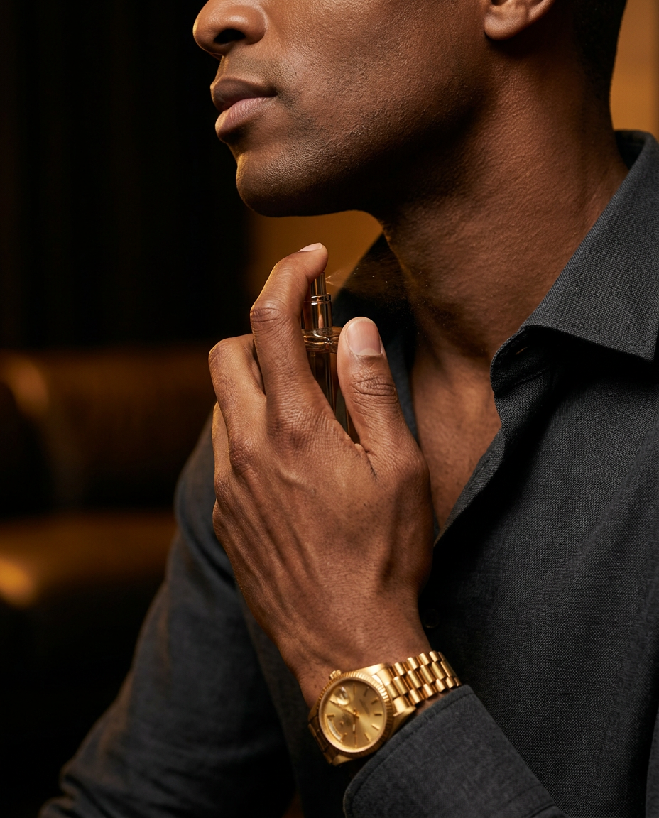 Well-groomed man applying D&M fragrance to his neck, luxury watch on his wrist in warm golden light